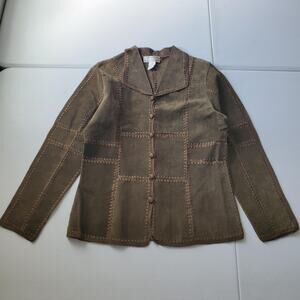 Vintage 90s Olive Green Patchwork Leather Jacket Womens Medium Embroidered Fairy